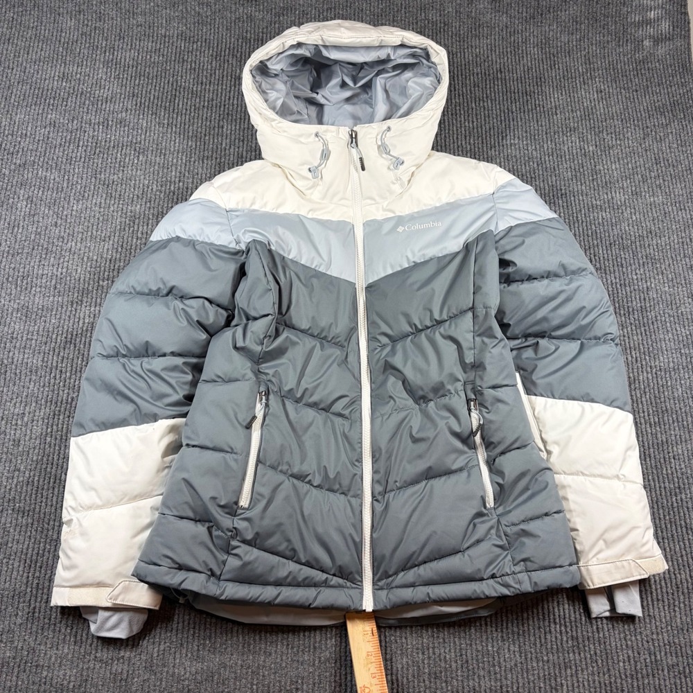Columbia Jacket Women's L Omni-Heat Hooded Puffer Gray White  Chevron Ski Coat